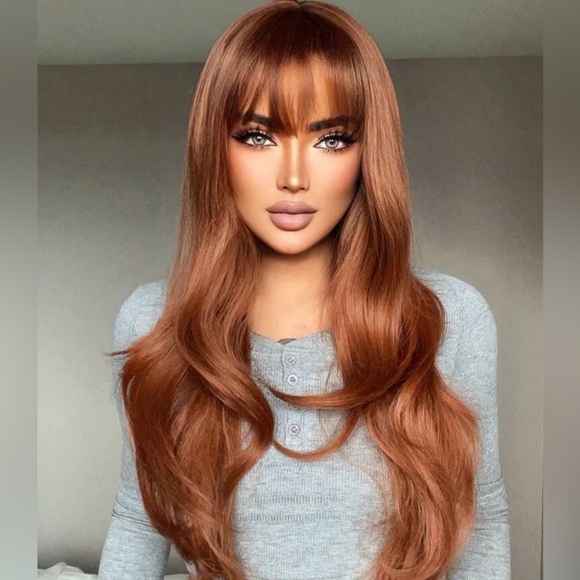 26” Daily Use Copper  Long Wavy Heat Resistant Fiber Full Wig With Bangs - Picture 4 of 13